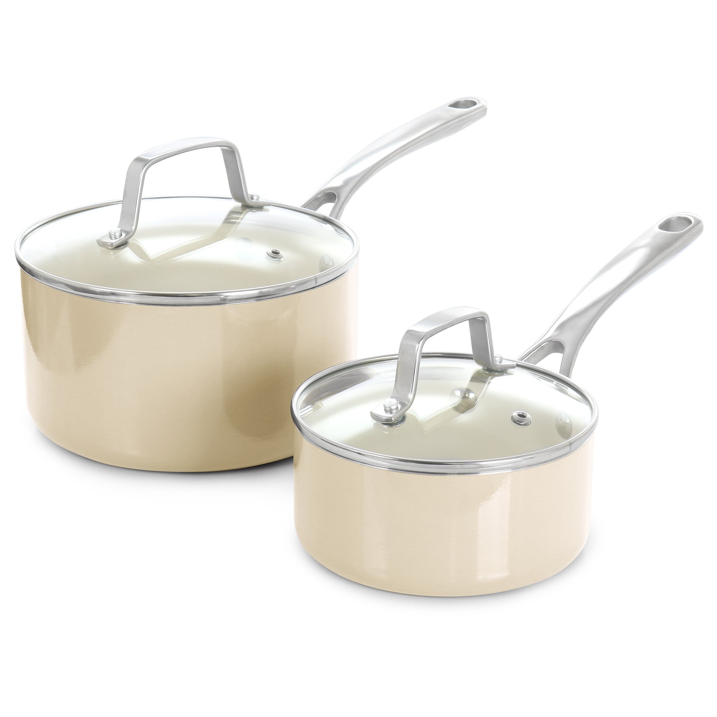 10 Piece Enameled Heavy Gauge Aluminum Ceramic Nonstick Cookware Set in Butter Cream - Beige