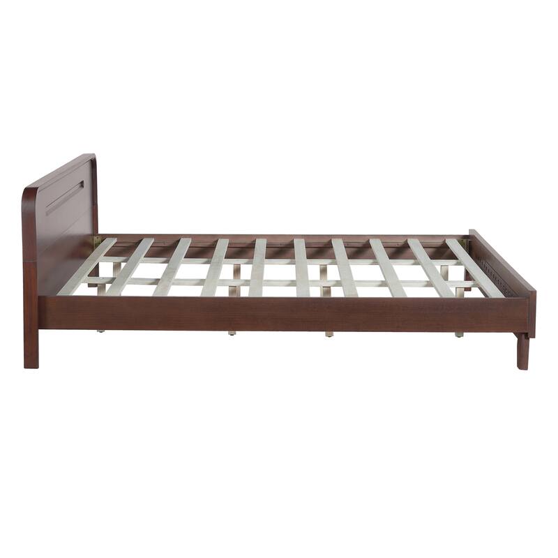 Rustic Pine Wood Bed Frame Low-Profile Platform Bed with Panel Headboard Solid Wood Slat Support and Extra Wide Thickened Legs