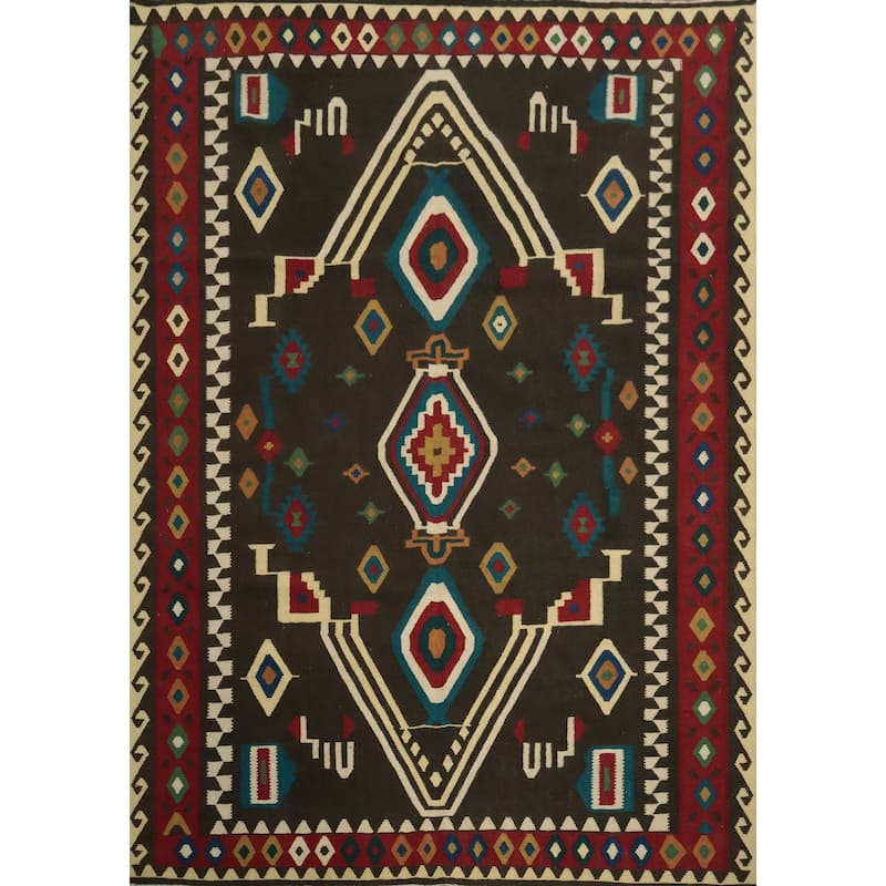 Hand Woven Oriental 100% Wool Carpet Southwestern Tribal Black Kilim Area Rug - 9' 9'' X 8' 5''