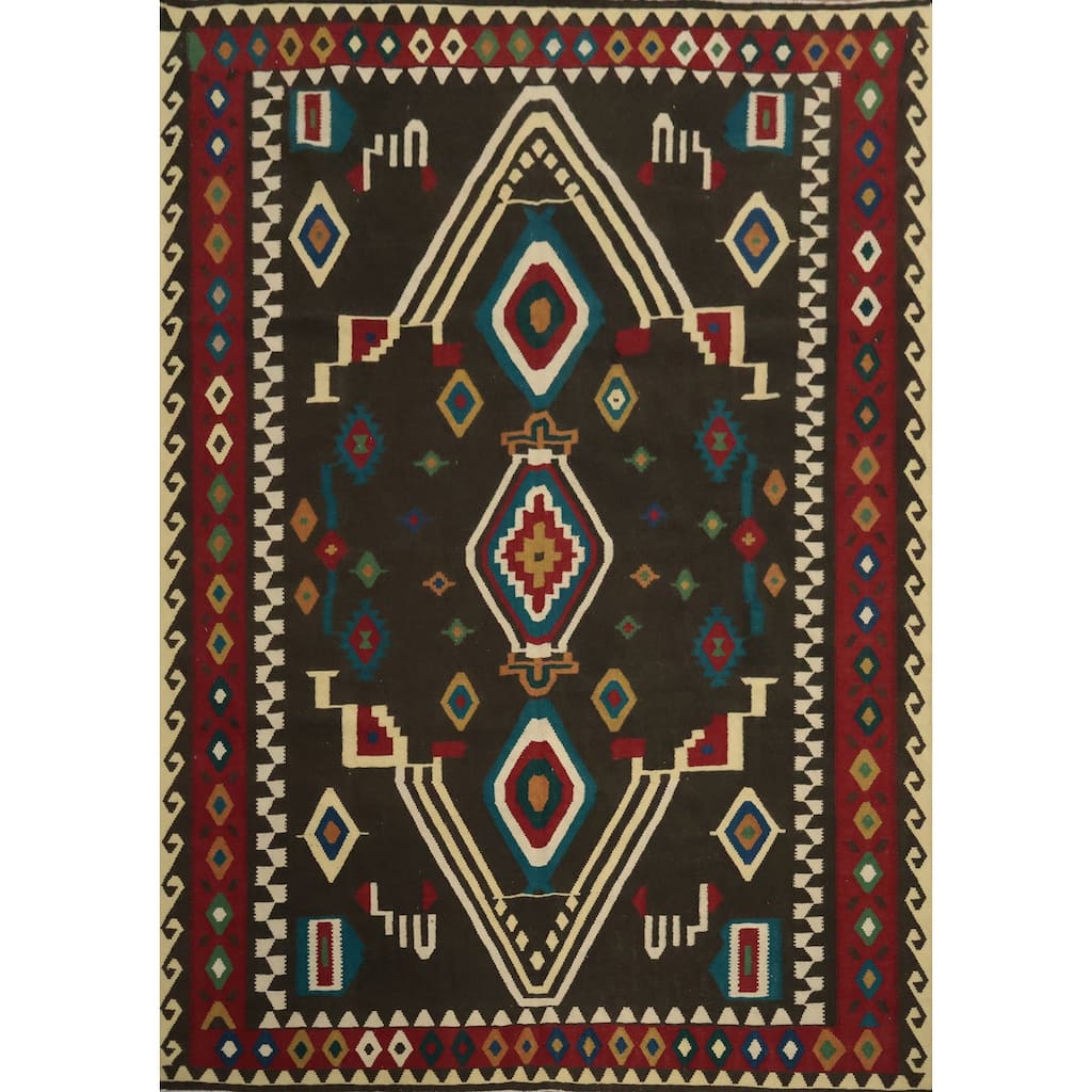 Hand Woven Oriental 100% Wool Carpet Southwestern Tribal Black Kilim Area Rug - 9' 9'' X 8' 5''