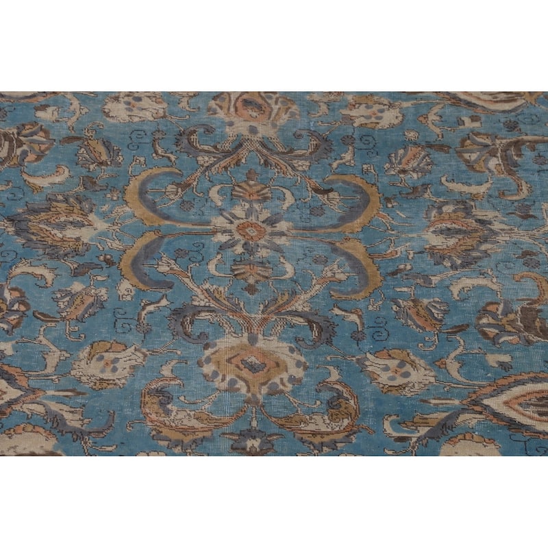 Light Blue Distressed Tabriz Persian Antique Rug Handmade Wool Carpet - 10'2" x 13'2"