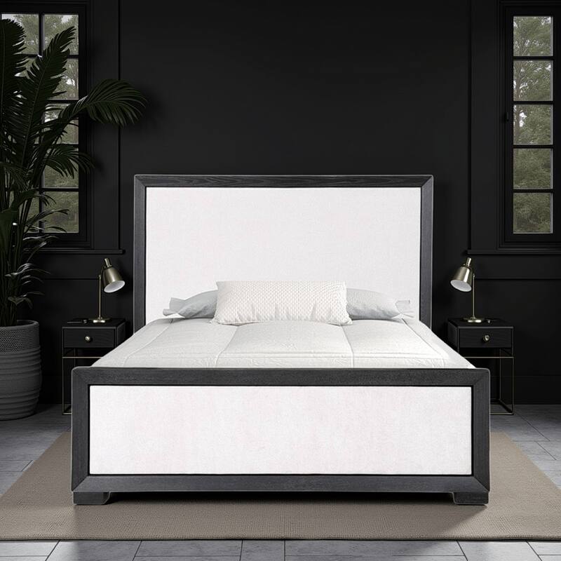 Kizie Queen Size Bed, Modern Upholstered Black and White Solid Wood