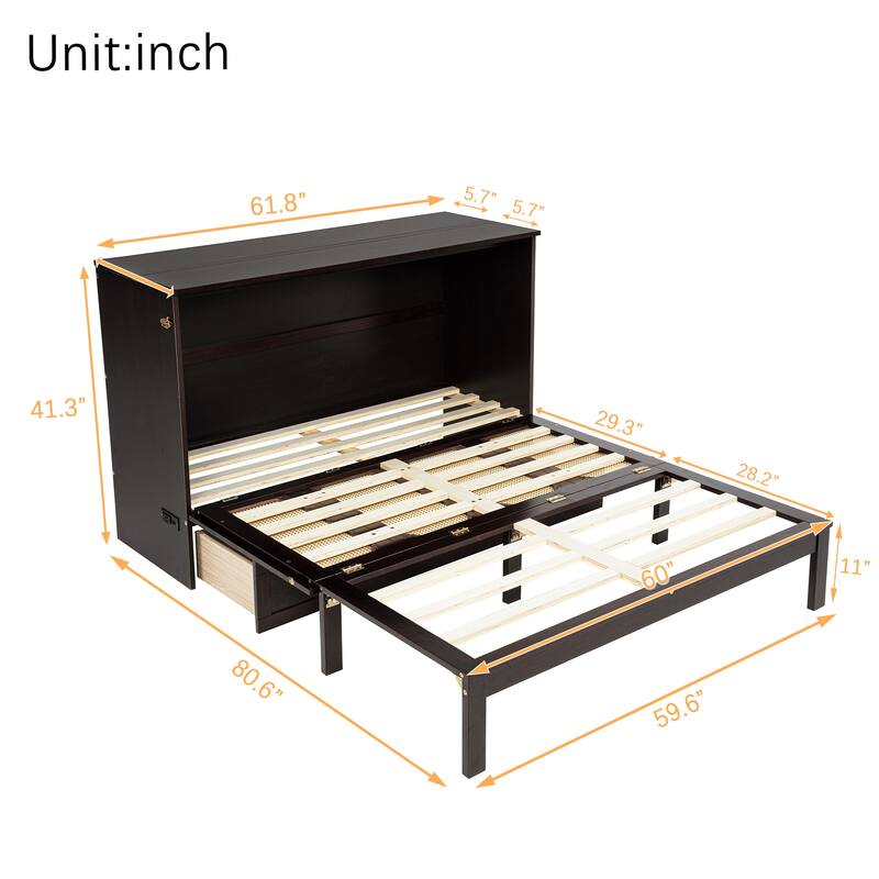 Queen Size Murphy Bed Foldable to Space Saving Rattan Cube Cabinet Convertible Platform Bed Frame with Power Station and Drawer