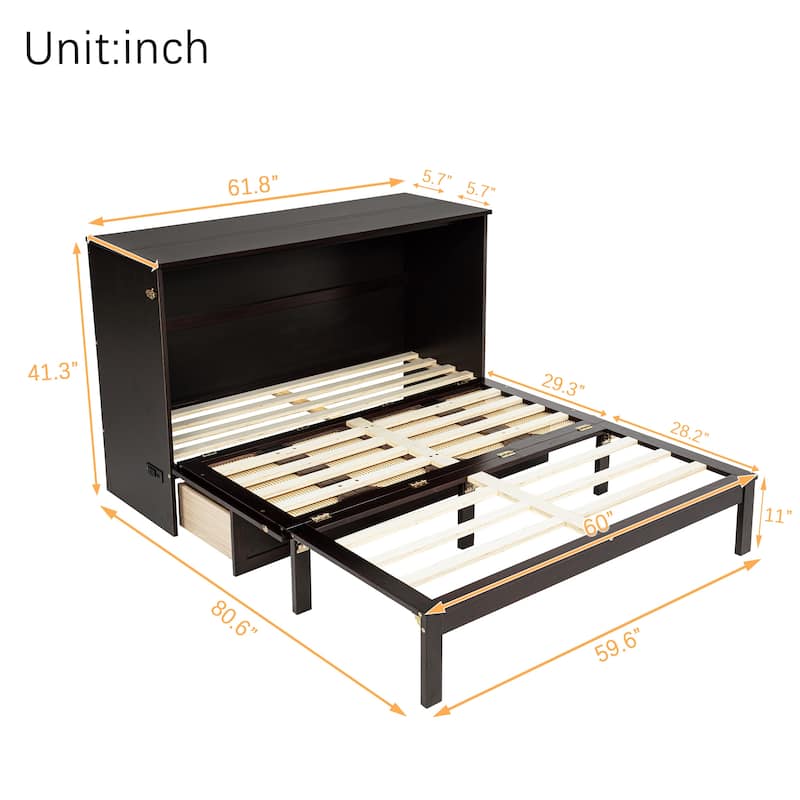 Queen Size Murphy Bed with Large Drawer, Pinewood Wall Cabinet Bed Frame with Power Station and Rattan Decoration Panel