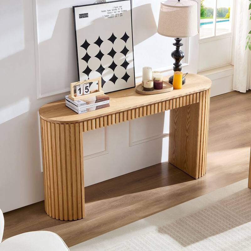 Modern Console Table With Drawer for Entryway with Unique Vertical Stripe Design for Living Room Hallway Foyer Entrance - Natural