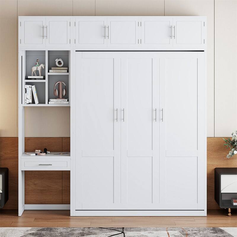Full/Queen Size Murphy Bed Wall Bed w/ Bulit-in Desk & Top Cabinet, Space Saving Foldable Murphy Cabinet Bed w/ Storage Shelves