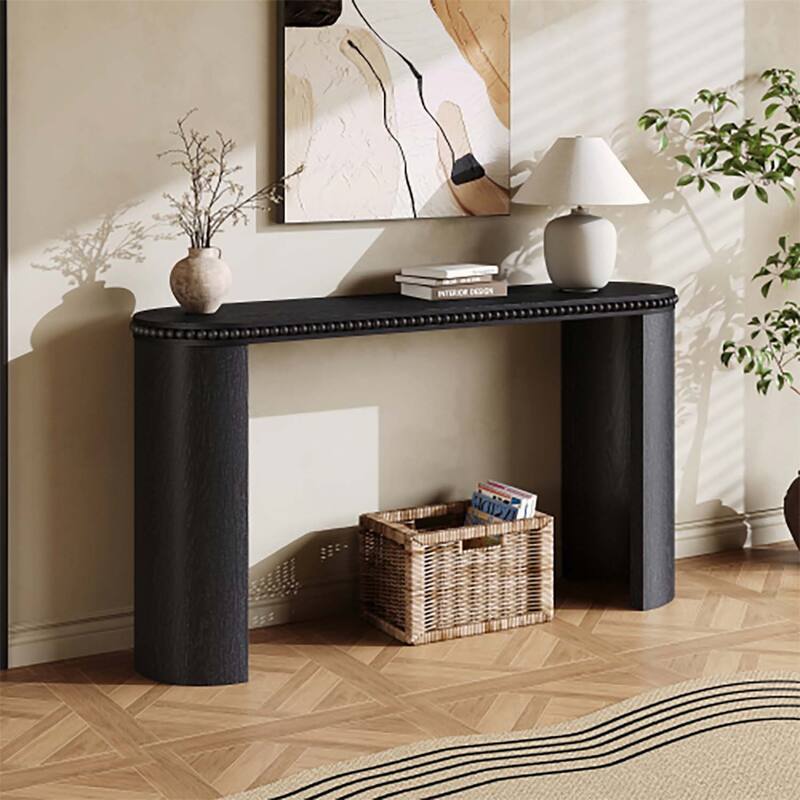 Elegant Console Table with Beaded Trim and Reversible Curved Legs,for Hallway, Living Room - Black