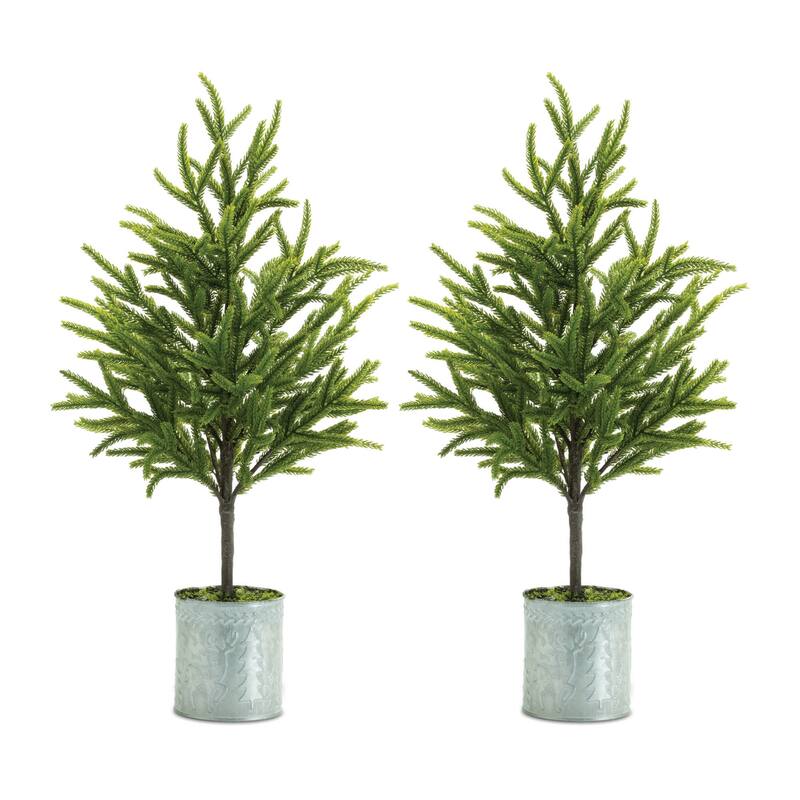 HomeRoots Set of Two 23" Green Mini Artificial Pine Trees In Galvanized Metal Planters - 13.50 in. x 23.00 in. x 13.50 in.