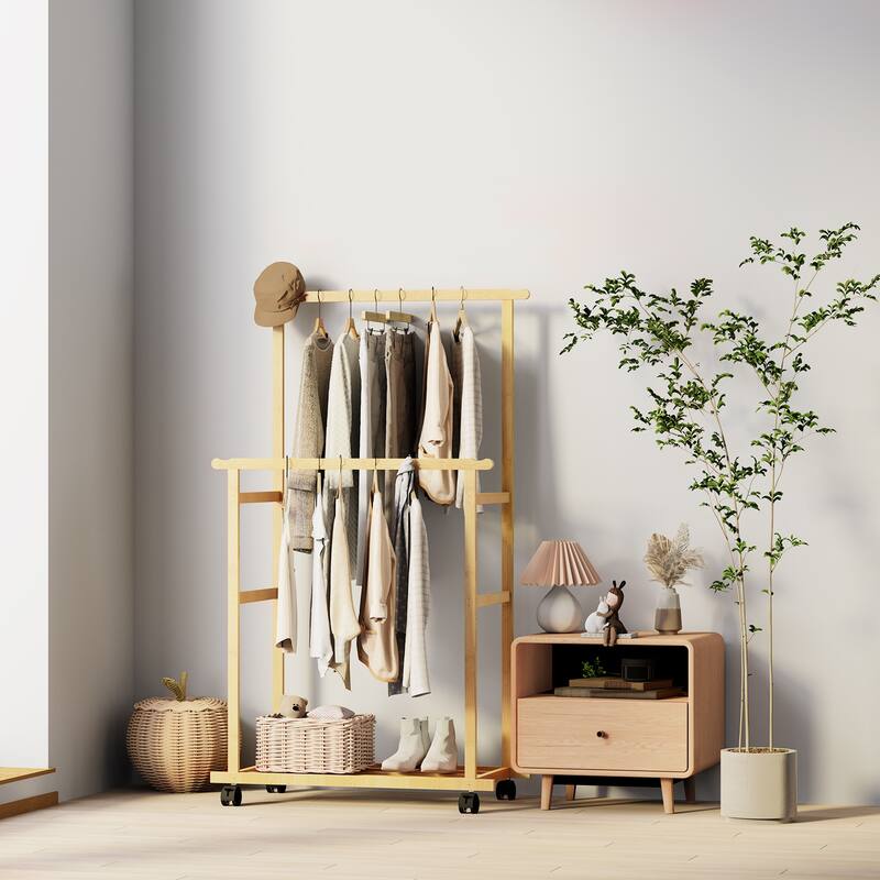 Clothing Rack Bamboo Garment Rack Rolling Coat Hanging Stand - 31.5x15.7x63 inch