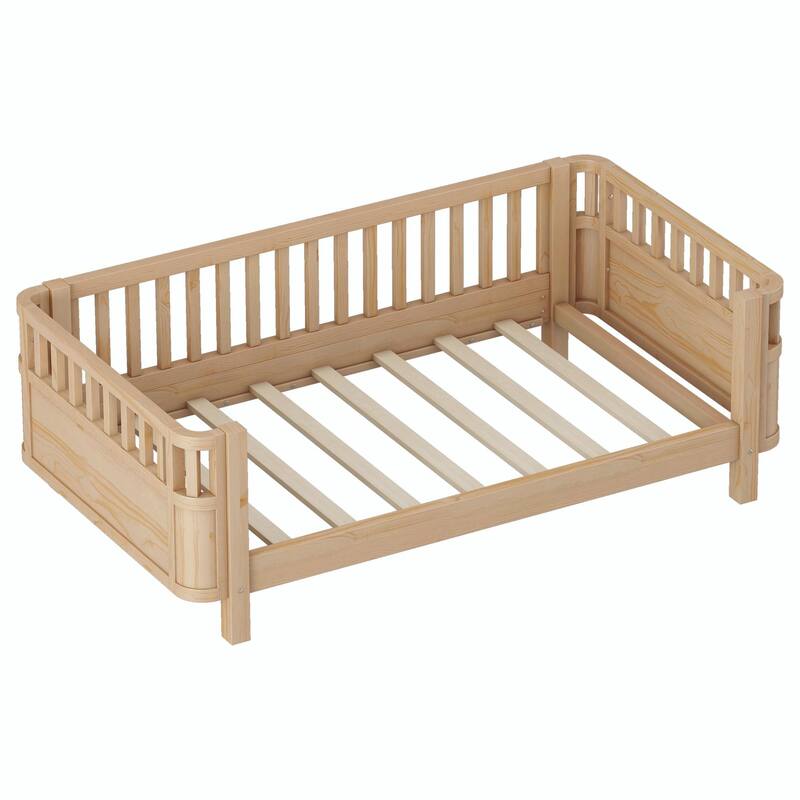 Wood Platform Bed for Kids, Low Profile Wooden Full Bed with Rails