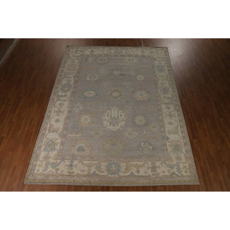 Vegetable Dye Oushak Turkish Area Rug Hand-Knotted Grey Wool Carpet - 9'2" x 12'4"