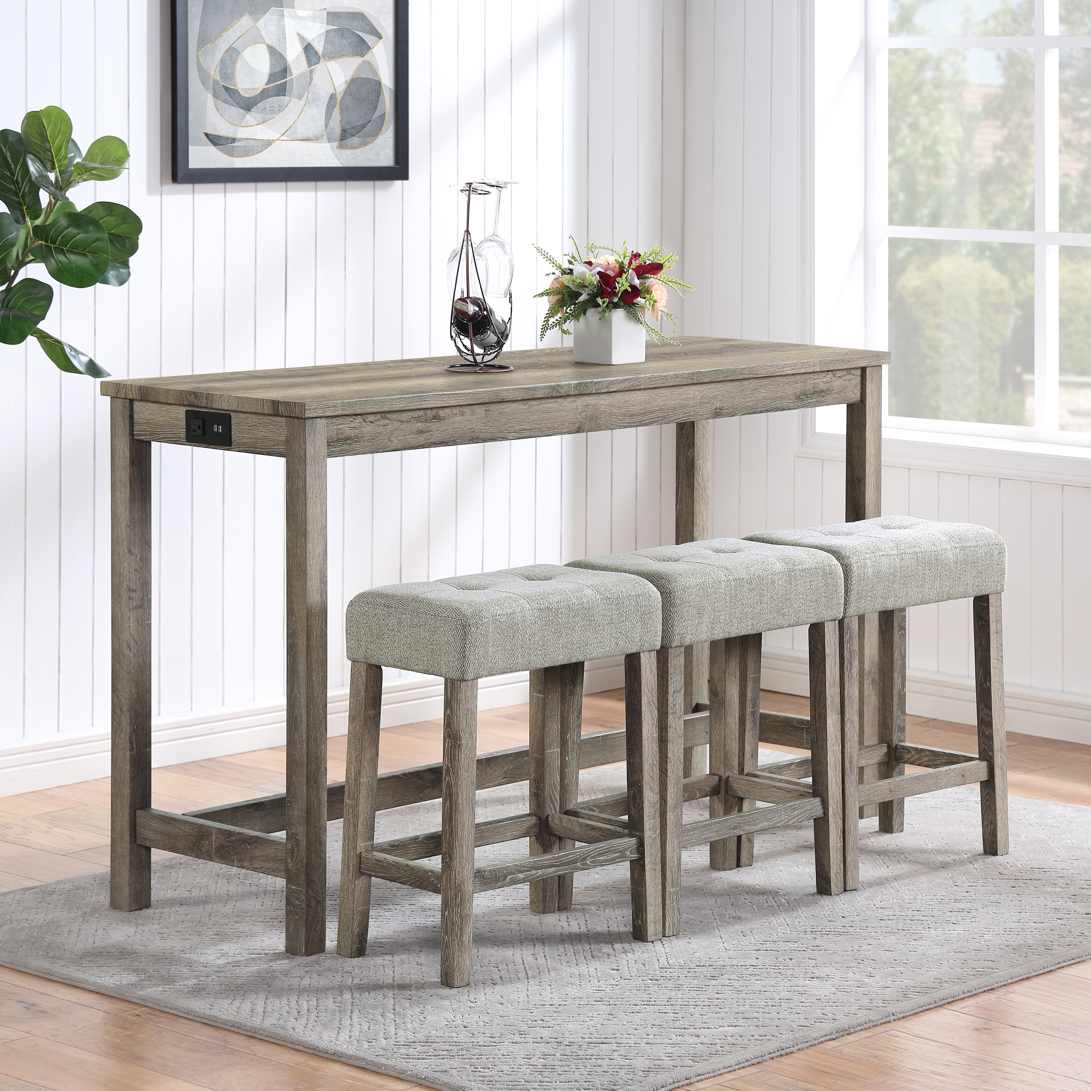 Bar Table Set with Power Outlet, 3 Ergonomic Backless Stools, 4 Piece Dining Table Set with 3 Upholstered Seat