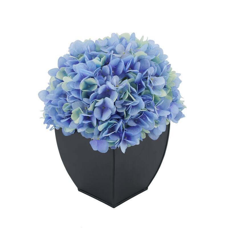 Faux Hydrangea in Black Tapered Zinc Cube - Blue