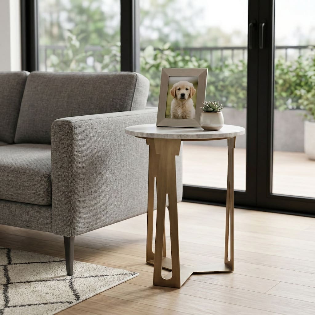 Round Marble Top Accent Side Table with Metal Base - 22", Ivory & Gray - 22.0"