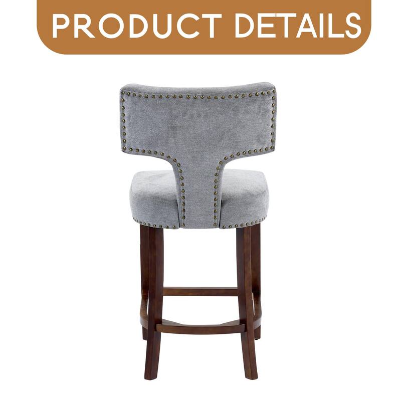 Mid Century Modern Counter Height Bar Stools Set of 2, Farmhouse Linen Fabric Upholstered Accent Chair Curved Backrest