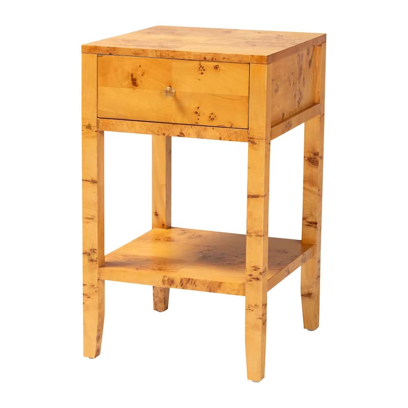 Ghina Modern and Contemporary Natural Light Mappa Real Burl Wood 1-Drawer Nightstand - Brown