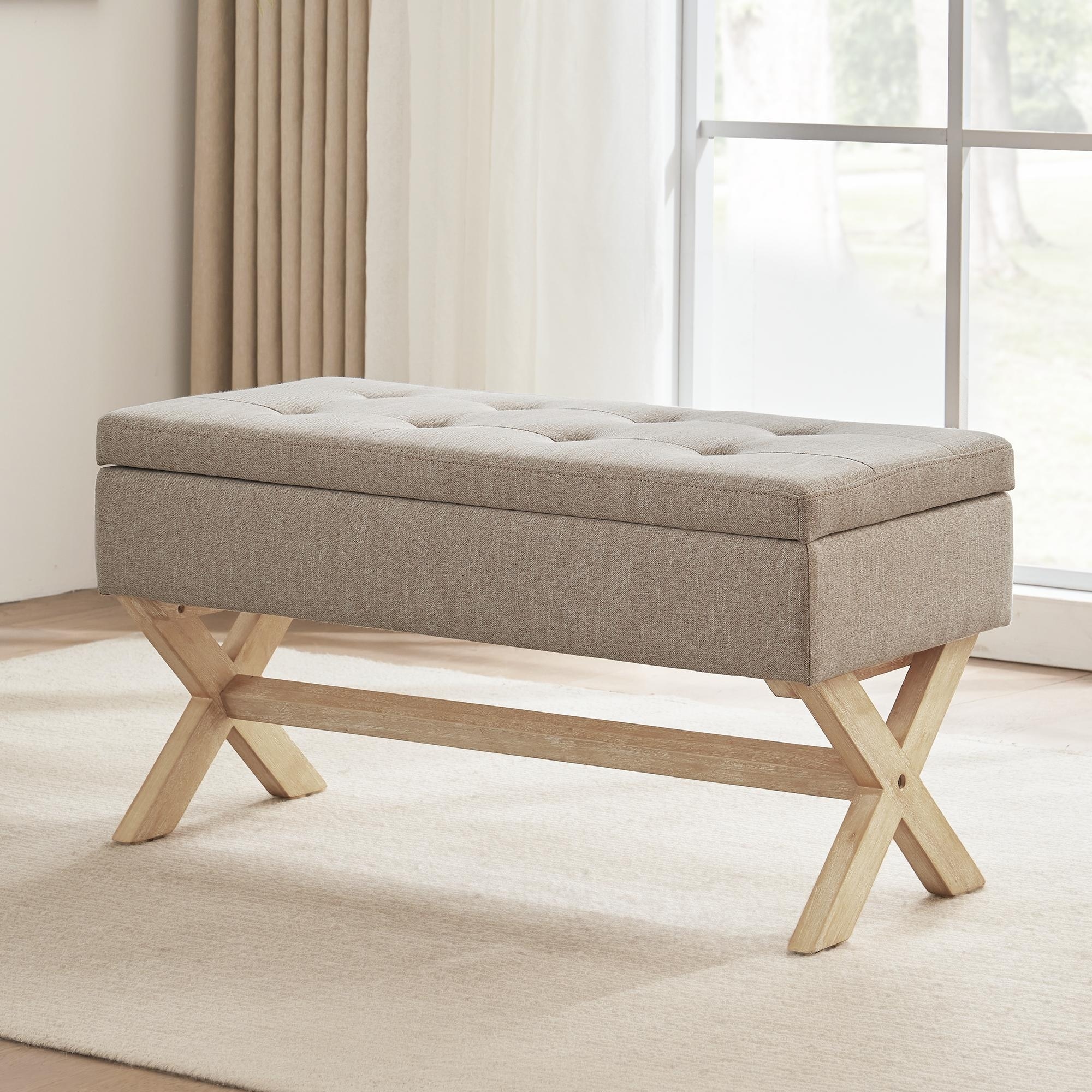 Fabric Entryway Bench Beige/ Grey Upholstered Storage Bench with X