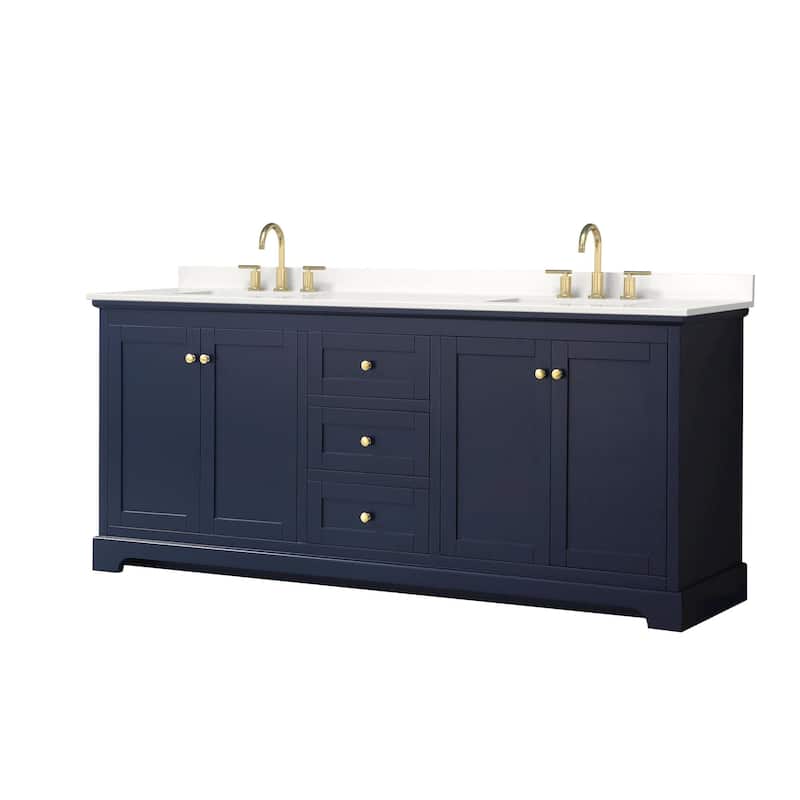 Wyndham Collection WCV232380D-QTZ-US3MXX Avery 80" Free Standing - Dark Blue / White Quartz Top / Brushed Gold