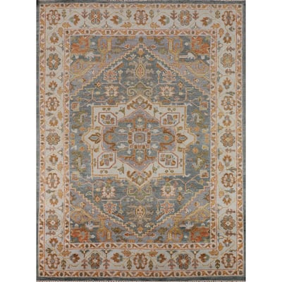 Geometric Grey Heriz Serapi Rug Hand-Knotted Traditional Wool Carpet - 8'1"x 9'11"
