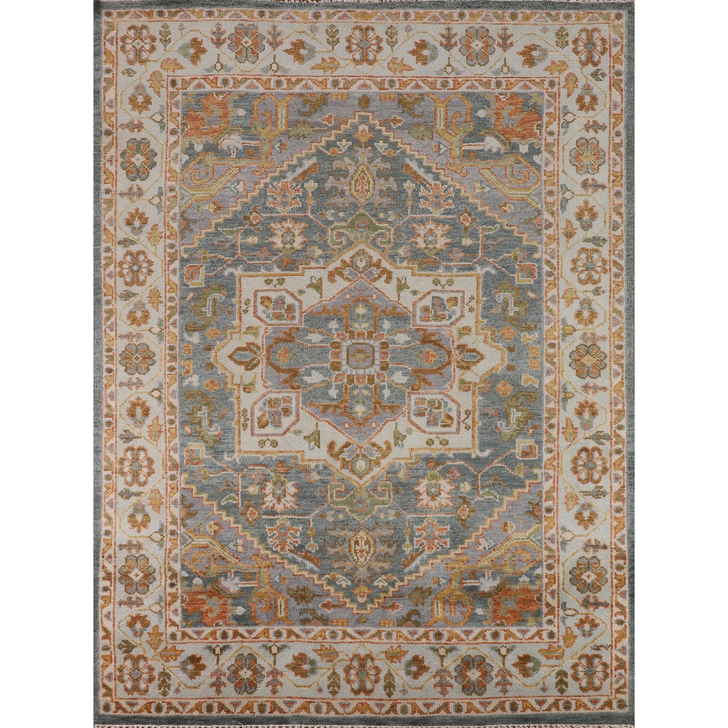 Geometric Grey Heriz Serapi Rug Hand-Knotted Traditional Wool Carpet - 8'1"x 9'11"
