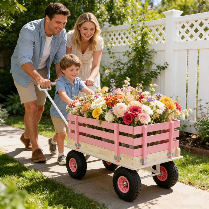Pink Solid Wood Children's Trolley - Multi-Functional Cart for Outdoor Play, Garden & Picnic