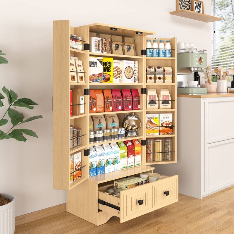 Gymojoy Farmhouse Pantry Cabinet with Drawer & Shelves, Kitchen Storage Cupboard for Dining Room, Living Room, Bathroom