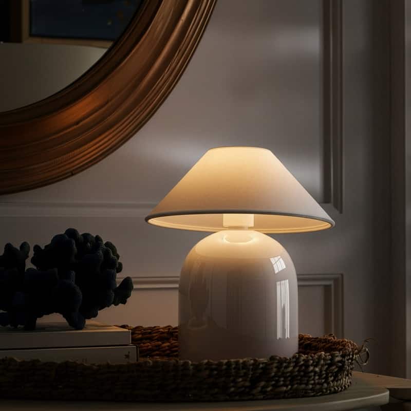 Ren LED 7.87 in Glossy Cream Midcentury Modern Urn Dimmable Cordless Portable Rechargeable Bedside Nightstand Desk Lamp