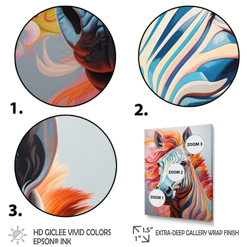 Designart "Colorful Zebra Portrait" Animals Zebra Framed Wall Art Prints
