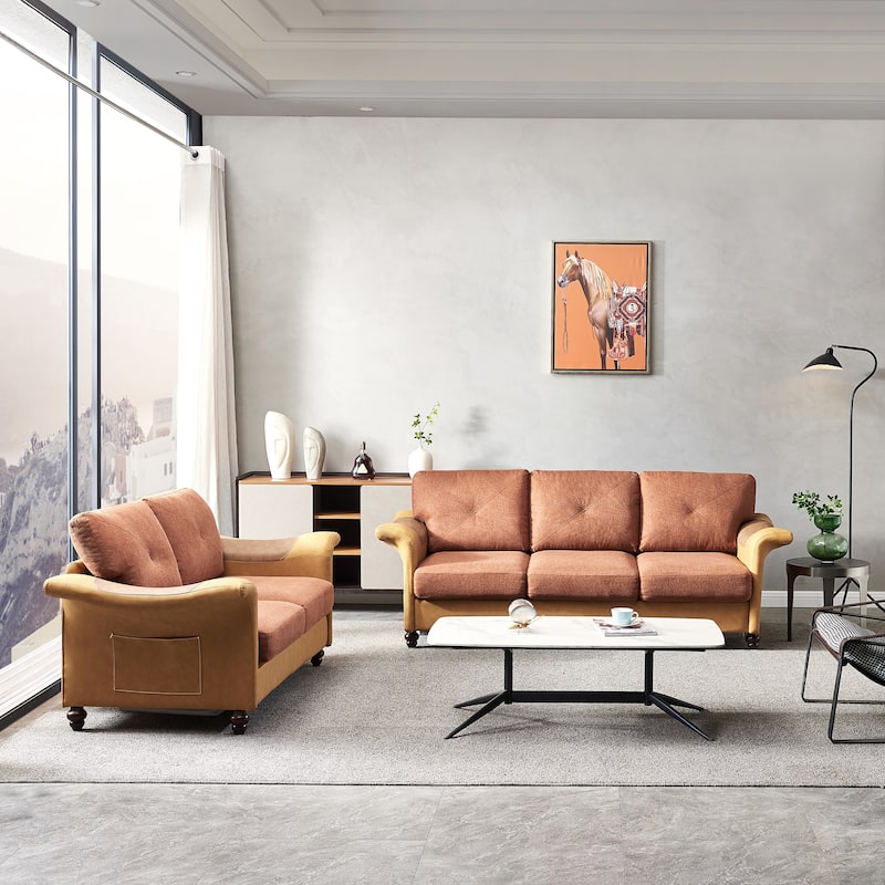 2 Piece Linen and Faux Leather Fabric Sectional sofa, 2+3 seat with Saddle Armrest and Solid Wood Legs - Brown