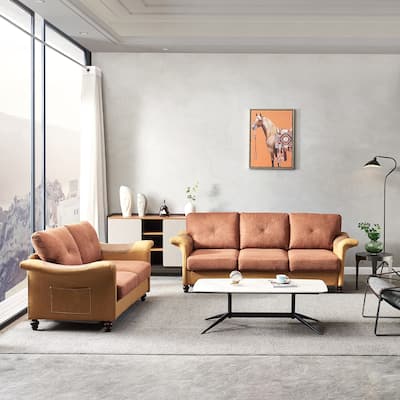 2 Piece Linen and Faux Leather Fabric Sectional sofa, 2+3 seat with Saddle Armrest and Solid Wood Legs