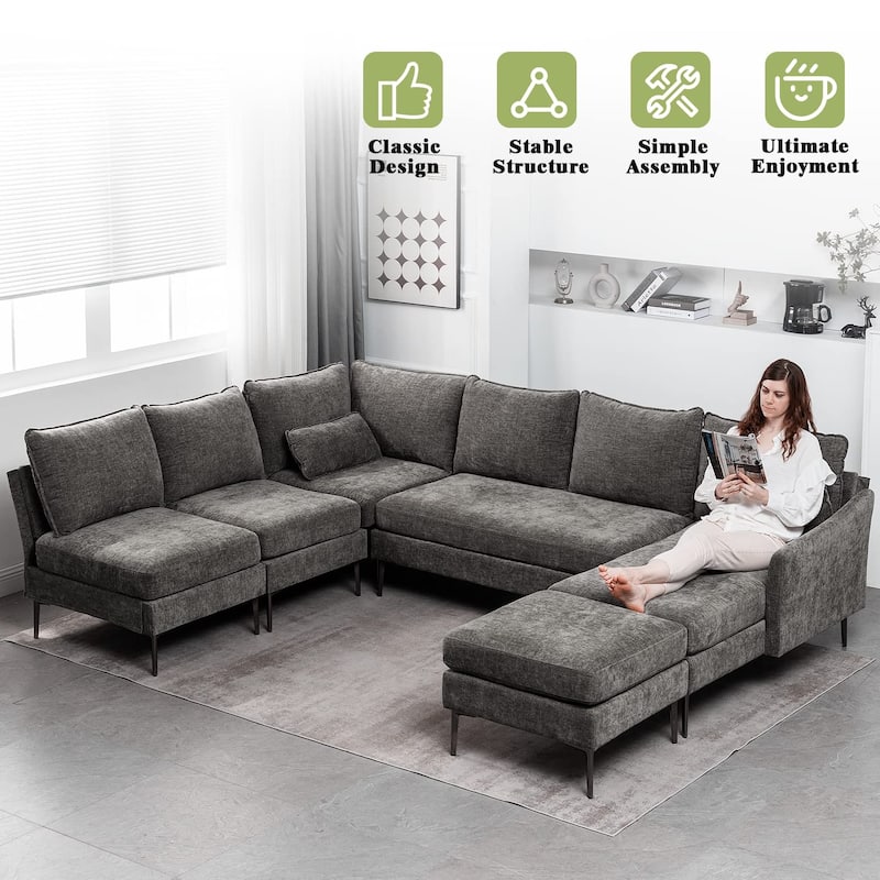 EROMMY U Shaped 6-seat Sectional Sofa Couch, Reversible Sleeper in Modern Chenille Design, with Chaise Lounge and Ottoman