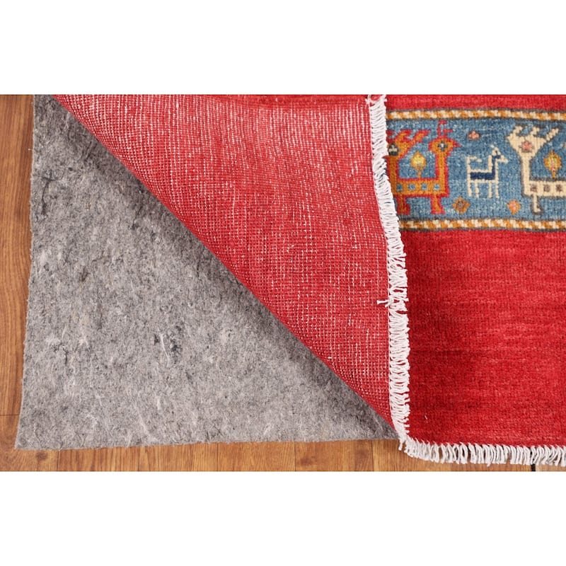Tribal Geometric Red Kazak Oriental Area Rug Hand-Knotted Wool Carpet - 3'11" x 5'11"