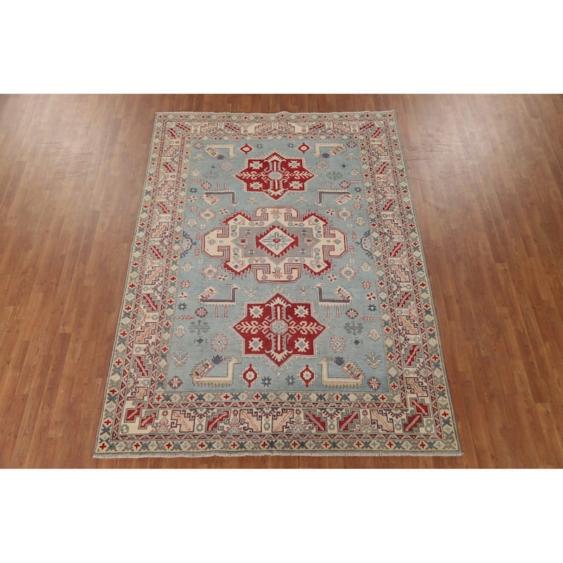 Light Blue Kazak Area Rug Handmade Traditional Wool Carpet - 6'9" x 9'2"