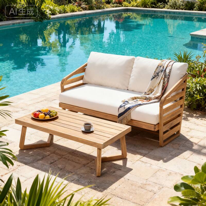 Royal Acacia Wood Loveseat and Coffee Table Set, Beige - Teak+ Beige