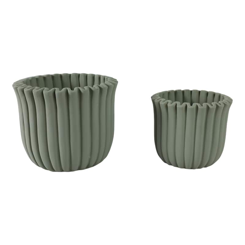 Pottery Cement Planters Textured Ribbed Sculptural Design (Set of 2) - 7.5" x 7.5" x 6"