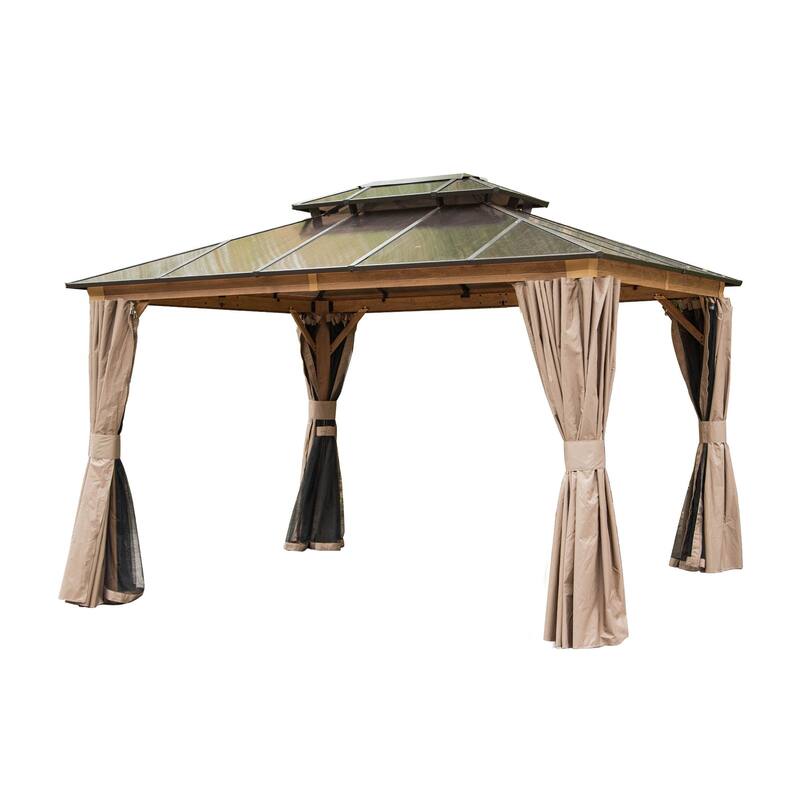 GDFStudio - Everett Permanent Outdoor Gazebo Pavilion with Double Roof and Full Privacy Setup - 10x12ft - Yellow Brown