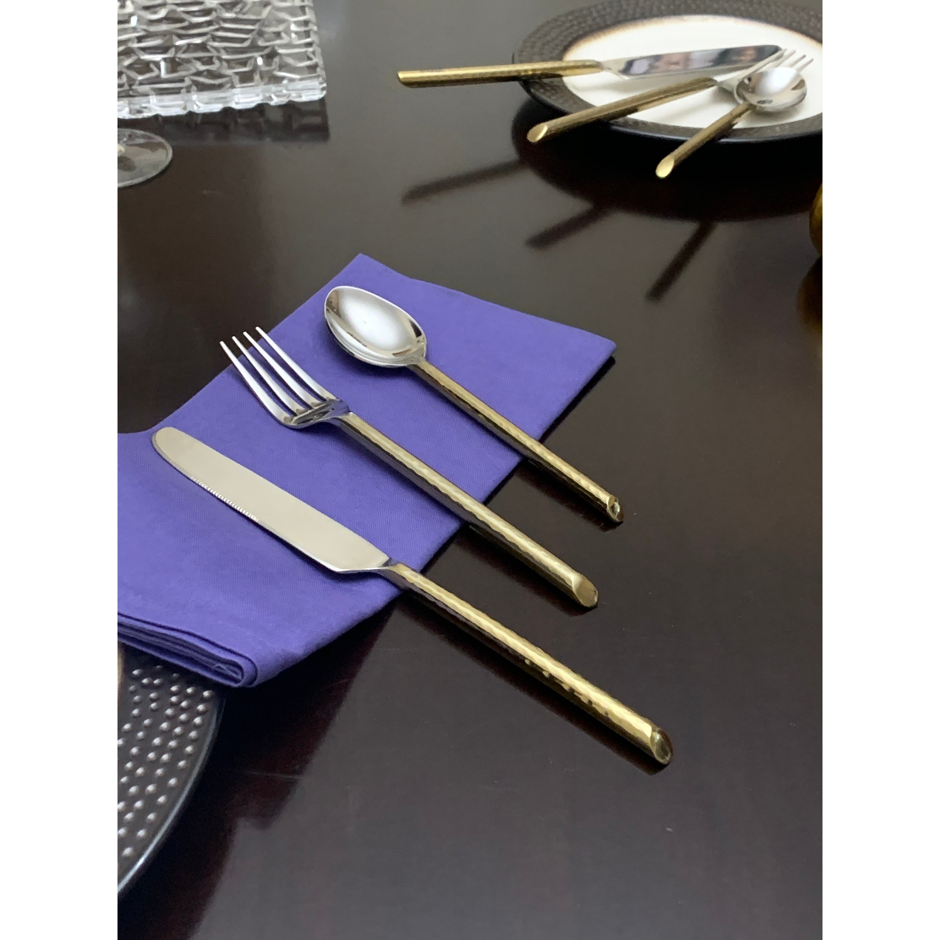 Vibhsa Hammered Gold Stainless Steel Dinner Knives, Forks and Dessert Spoons, 18 Pieces
