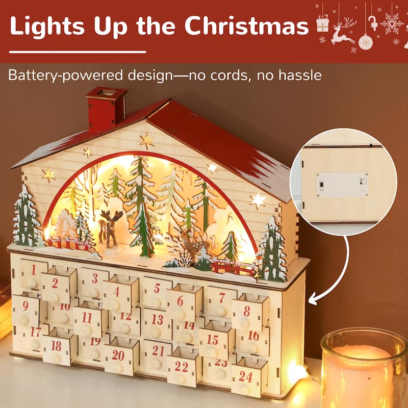 HOMCOM Christmas Advent Calendar with 24 Drawers, Reusable Lighted Wooden Countdown to Christmas Calendar with Village Scene