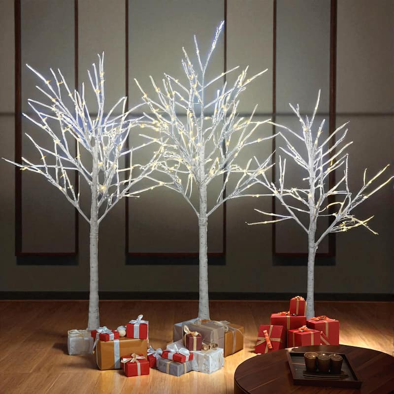 Set of 3 Pre-Lit Birch Trees with Warm White LED Lights, 4FT 5FT 6FT Artificial Christmas Decoration