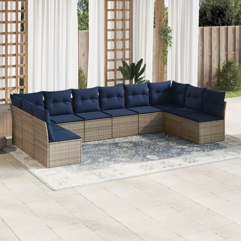 vidaXL 10/11 Piece Patio Sofa Set with Cushions Brown/Gray Poly Rattan - 21.7 x 24.4 x 27.2 - Beige and gray Without table