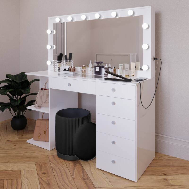 Makeup Vanity Desk w/ Free Black Storage Ottoman, 12 LED Bulbs Mirror, 6 Drawers, Glass Top, Crystal Knobs, USB, 110V Outlet