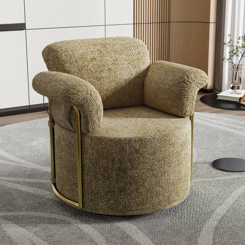 Luxury Barrel Swivel Chair with Gold Base - Plush Upholstered Accent Armchair for Living Room or Office - Brown+Yellow