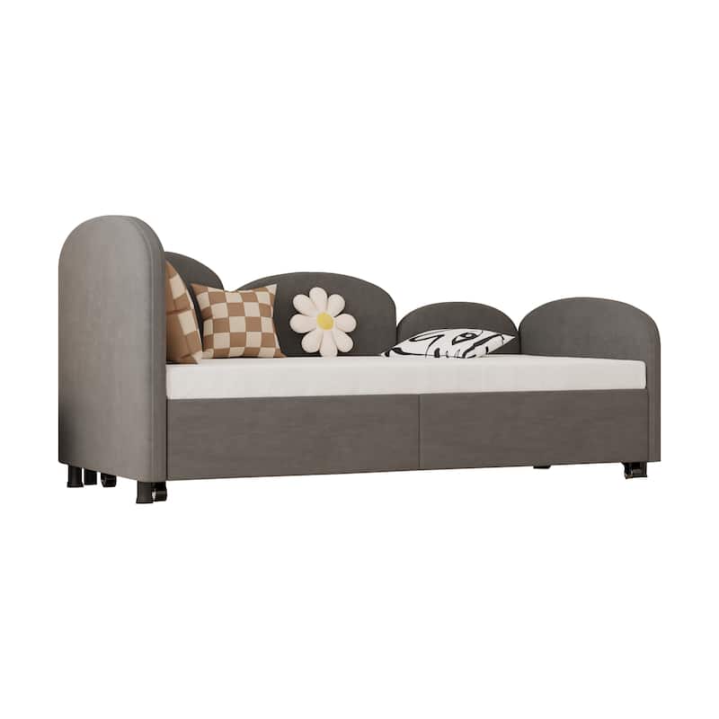 Twin Size Velvet Upholstered Daybed, Platform Bed Frame with Flower Design, Trundle Ideal for Bedroom and Guest Room