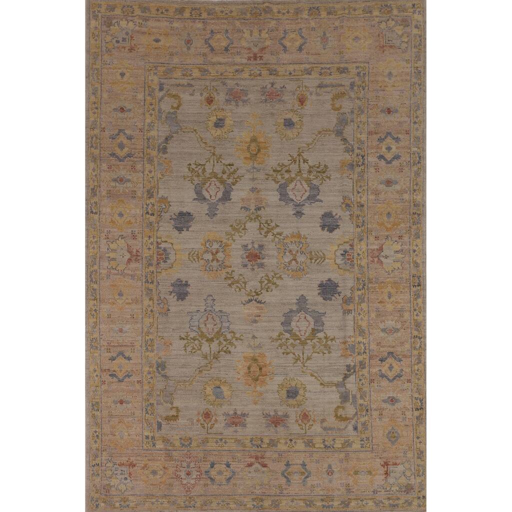 Oushak Turkish Vegetable Dye Area Rug Handmade Beige Wool Carpet - 6'2"x 8'10"