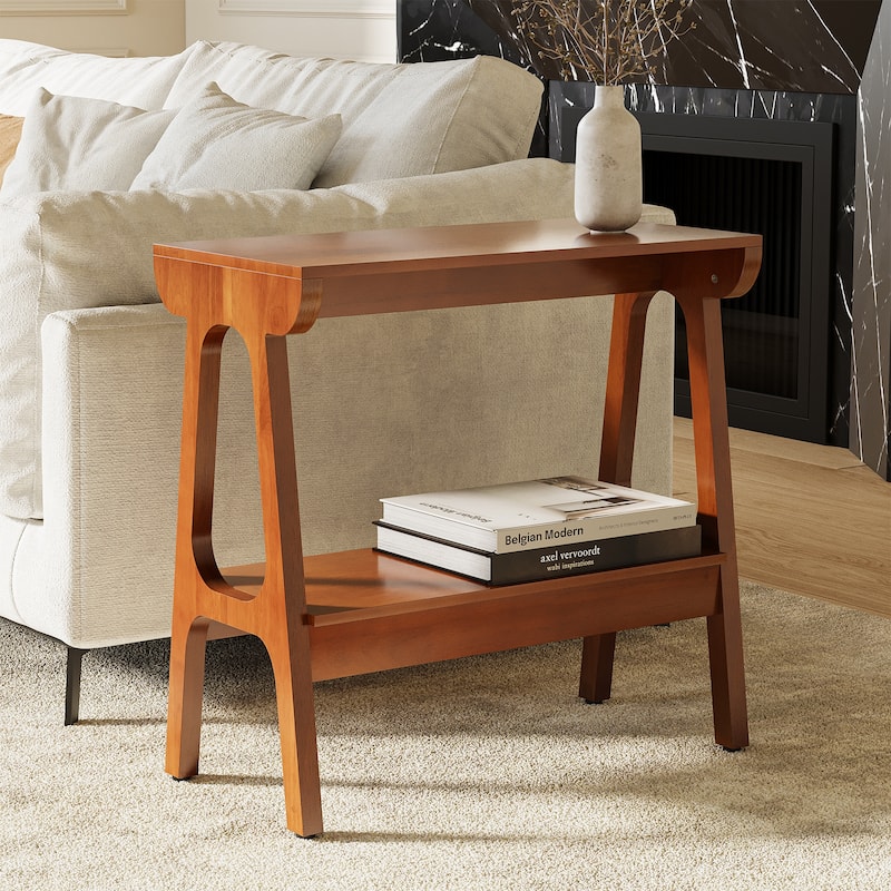 Solid Wood Narrow End Table with Storage Shelf, Sofa Couch Side Table Tall Nightstand, Living Room Bedroom Accent Snack Table