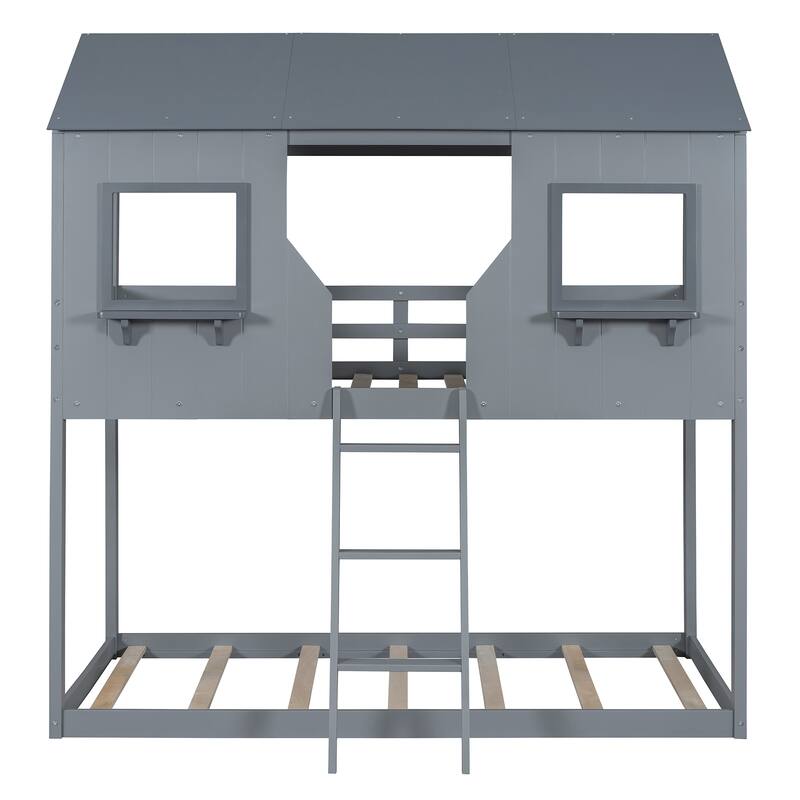 Twin Over Twin Pine Bunk Bed with Roof, Windows, and Ladder