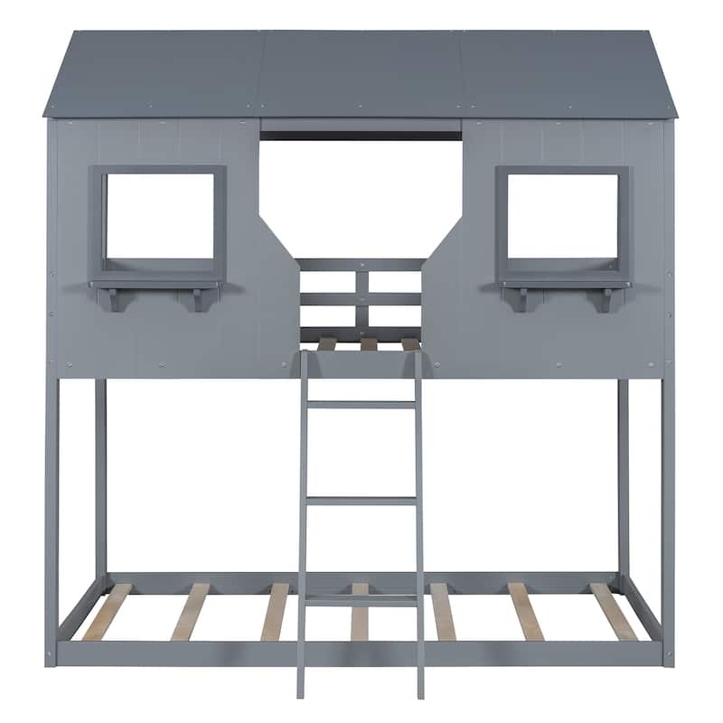 Twin Over Twin Size Bunk Platform Bed Frame with Roof and Window, Fun Playhouse Design with Guardrails, Bedroom Furniture