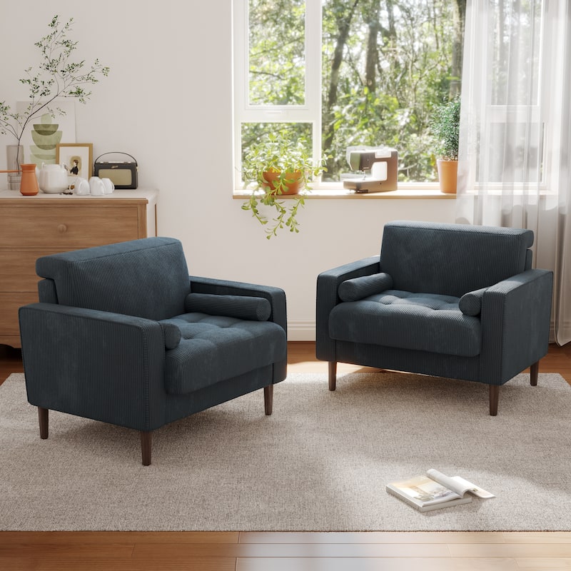 Corduroy Upholstered Accent Chair with Bolster Pillows Set of 2 - NAVY BLUE