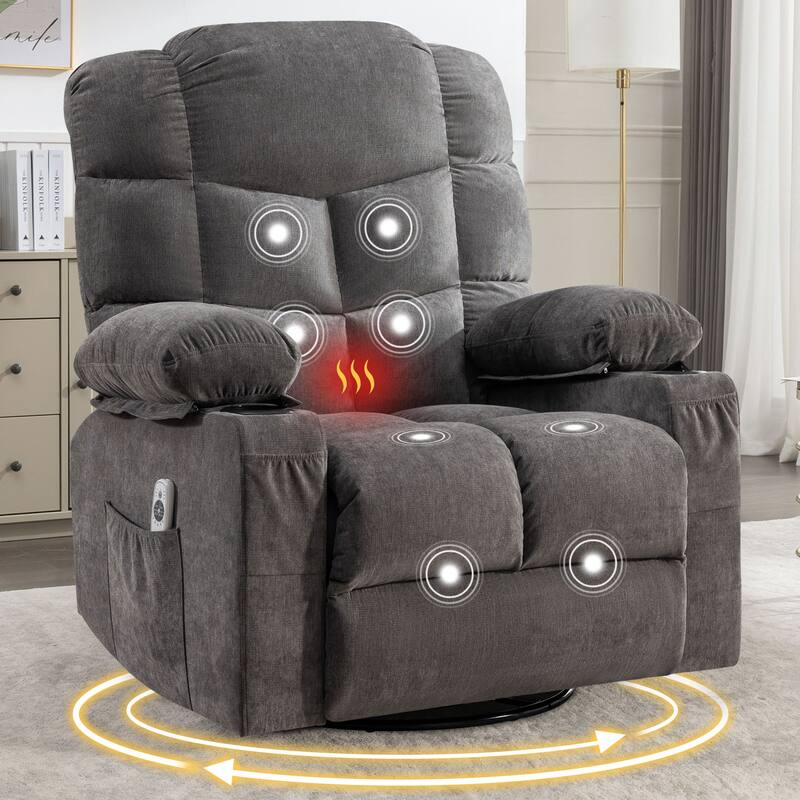 Manual Massage Recliner Chair, Overstuffed Rocker Chairs with Heat and 2 Cup Holders & USB Charge Port, for Living Room - Grey