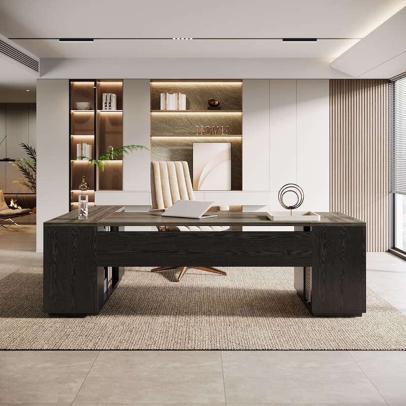 Wood L-Shaped Executive Desk with File Drawers for Home Office